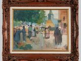 une peinture à l'huile représentant un groupe de personnes marchant dans une rue
