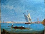 peinture d'un bateau sur un plan d'eau avec une ville en arrière-plan
