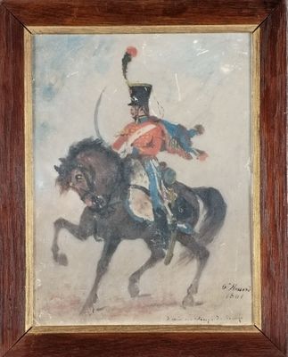 tableau représentant un homme en uniforme à cheval, une épée à la main