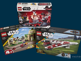 three lego star wars sets are on display in front of a blue background