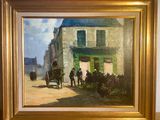 a painting of a horse drawn carriage in front of a building