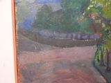 a painting on the wall of a room with a vase of flowers in it