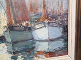 a painting of a boat in a harbor with other boats in the water