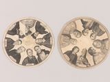 two plates with a drawing of a group of people in a circle