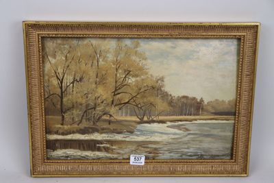 une peinture d'une rivière avec des arbres en arrière-plan