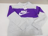 a grey and purple sweatshirt with a white nike logo on the chest