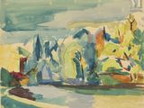 une image d'une aquarelle représentant une rivière et des arbres