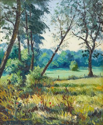 une peinture à l'huile représentant un champ avec des arbres et de l'herbe
