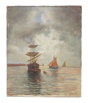 École du XIXe siècle. Trois-mât au mouillage. - Photo 1