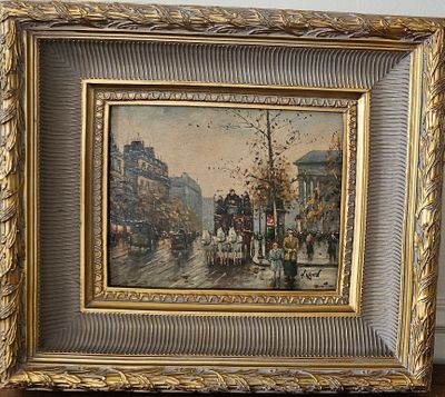 painting of a street scene with a horse drawn carriage in a gold frame