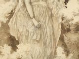 a drawing of a woman in a dress standing in a field