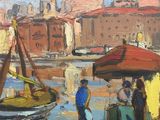 a painting of a boat on the water with people near it