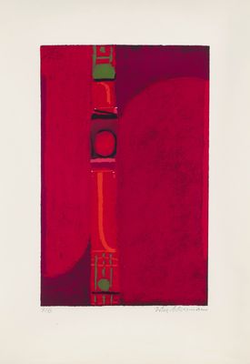 an image of a red and green painting on a white wall