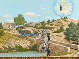 a painting of a man standing on a hill with a horse drawn carriage
