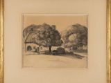 an image of a drawing of a house and trees in a field
