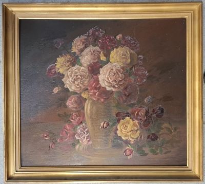 une peinture représentant des fleurs dans un vase posé par terre