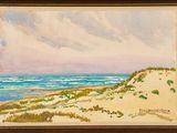 une peinture à l'huile représentant une scène de plage avec des dunes de sable et un plan d'eau