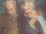 painting of a man and a woman sitting on a bench by the water