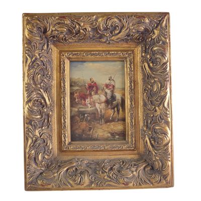 an old picture of a painting of a man riding a horse