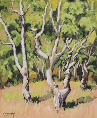 an oil painting of a group of trees in a field