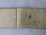 an old book with a drawing of a woman sitting on a bed