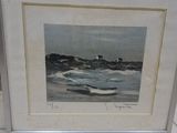 painting of a boat on a beach with a lighthouse in the background