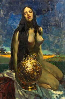 une image représentant un tableau où l'on voit une femme assise sur une couverture