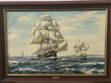 painting of two ships in the ocean with a sky in the background