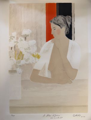 an image of a painting of a woman holding a vase of flowers