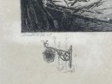 a black and white drawing of a man sitting on a bench