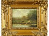 une peinture à l'huile représentant une scène fluviale avec des moutons dans l'eau
