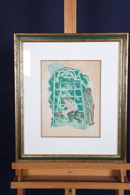 tableau représentant une femme dans une cage, posée sur un chevalet devant un fond bleu foncé