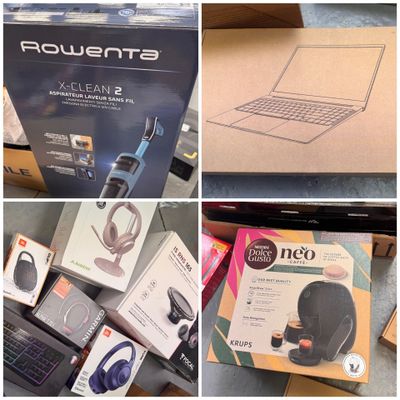 plusieurs photos différentes d'un ordinateur portable et d'un casque audio dans une boîte