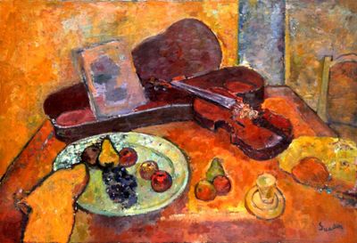 a painting of a violin and a plate of fruit on a table