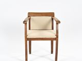 an image of a wooden chair with beige upholstered seat