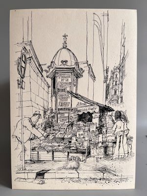 dessin représentant une scène de rue avec un homme vendant des fruits et légumes