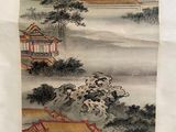 an oriental painting of a building and trees in a landscape