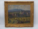 an oil painting of a village with a church and a mountain in the background