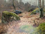 a painting of a path in the woods with rocks and grass