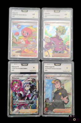 four different pokemon trading cards in plastic cases on a black background
