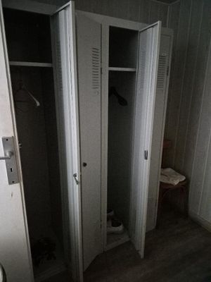 deux placards situés dans un coin d'une pièce où se trouve des toilettes