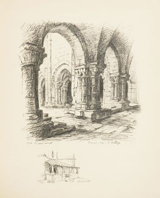 une image représentant un dessin d'un bâtiment avec des arcades et des piliers