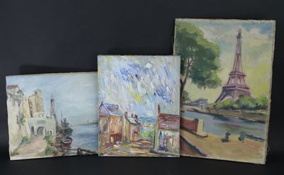 3 tableaux: - "Vue de la Tour Eiffel", toile