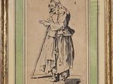 an old drawing of a man in a robe and hat holding a cane