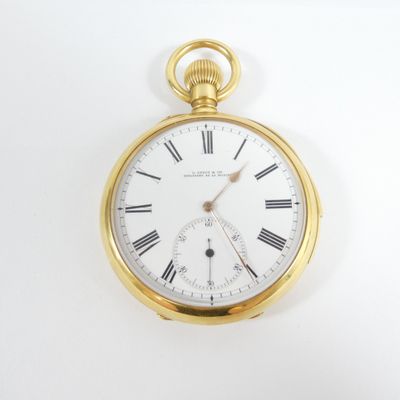 a gold pocket watch with roman numerals on the face