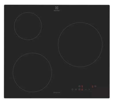a black electric cooktop with three burners on a white background