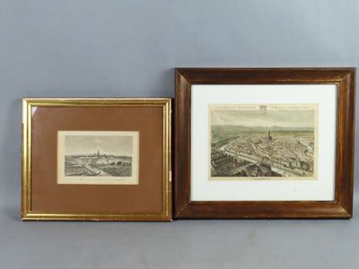 deux reproductions encadrées représentant une vue d'une ville et d'un village