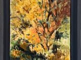 une peinture à l'huile représentant un arbre aux feuilles jaunes, dans un cadre noir