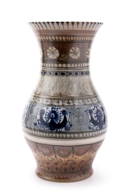 a vase with a blue and white design on it