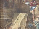 a painting on the wall of a building with a man holding a sword